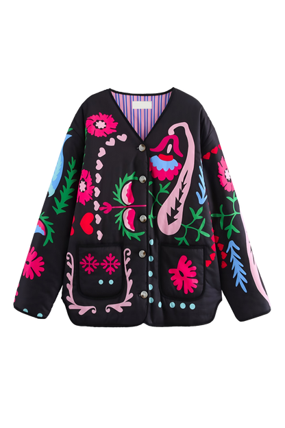 Black - Women's pink long-sleeve relaxed-fit jacket featuring vibrant multi-coloured floral and geometric embroidery, a V-neckline, large contrasting buttons, and front patch pockets.