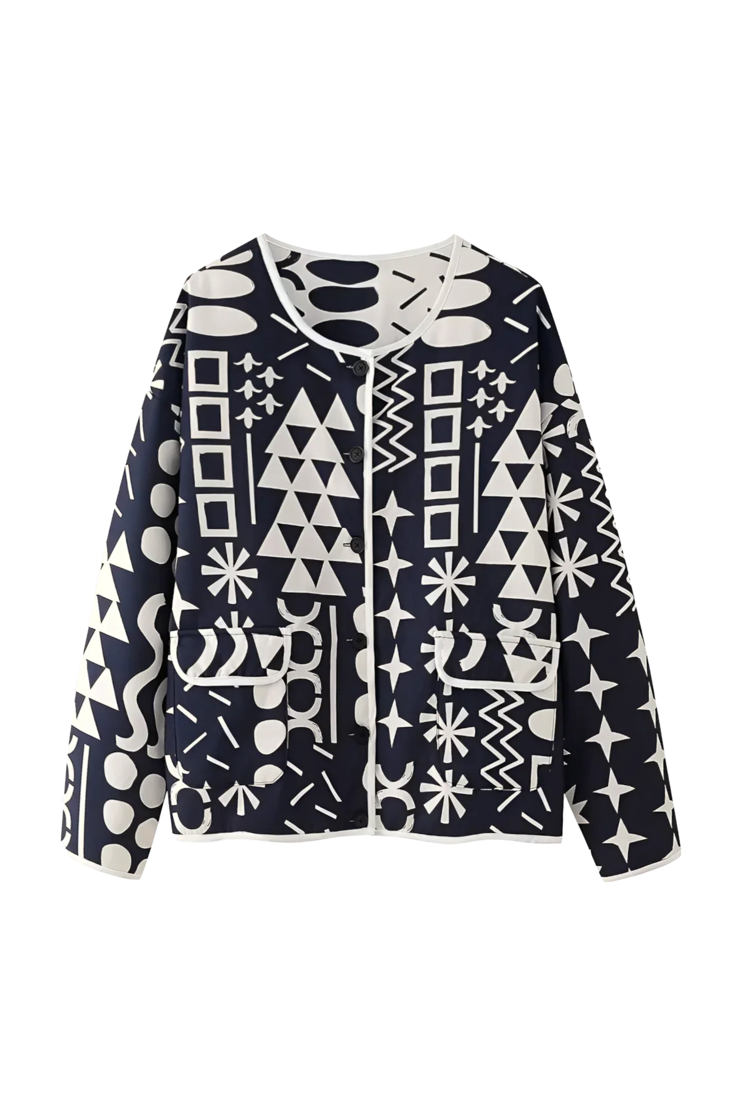 Dark Blue - Woman wearing a navy blue quilted open-front jacket with bold white abstract geometric embroidery, styled with jeans and sandals.