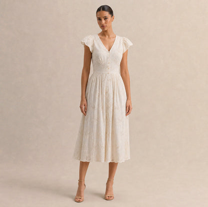 Eyelet Button Front Midi Dress