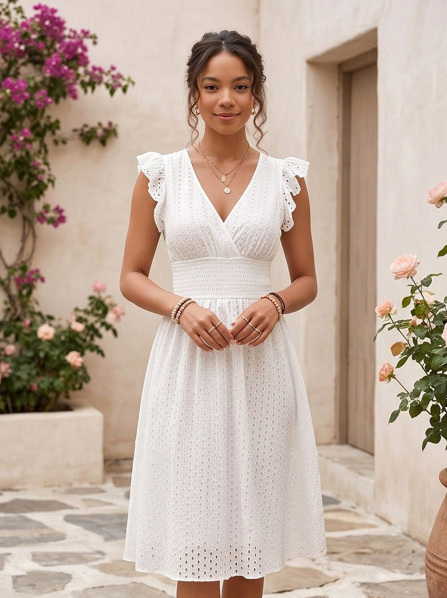 Eyelet Cap Sleeve Midi Dress
