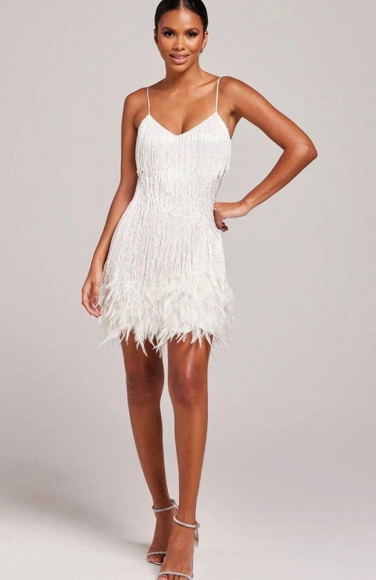 Feather Hem Fringe Formal Mini Dress