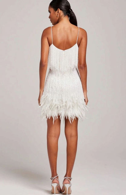 Feather Hem Fringe Formal Mini Dress