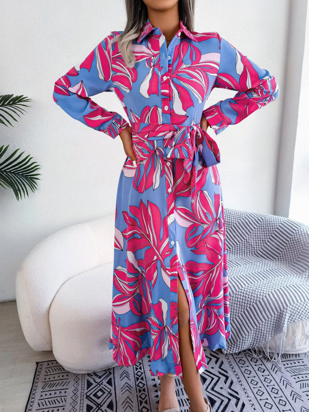 Floral Belted Midi Shirt Dress