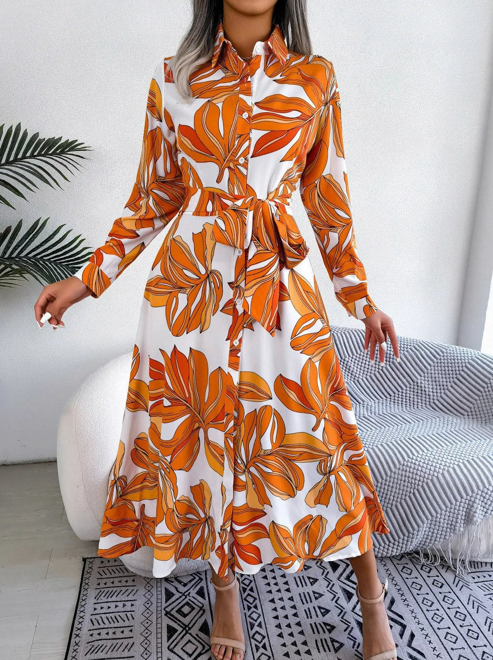 Floral Belted Midi Shirt Dress