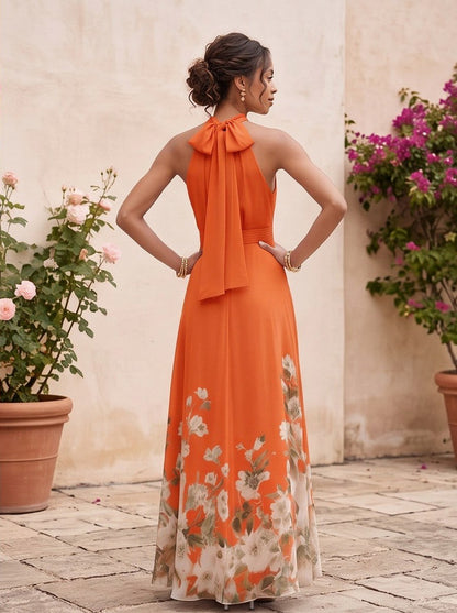 Floral Halter Tie Back Maxi Dress