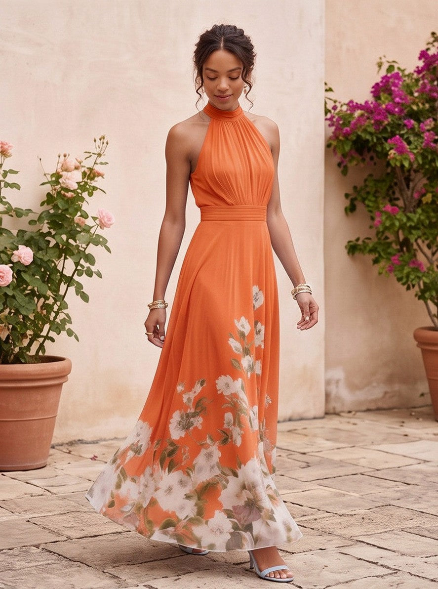 Floral Halter Tie Back Maxi Dress