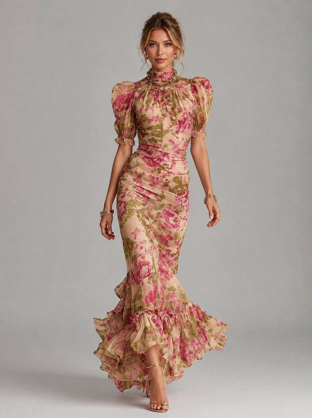 Floral High Neck Puff Sleeve Maxi