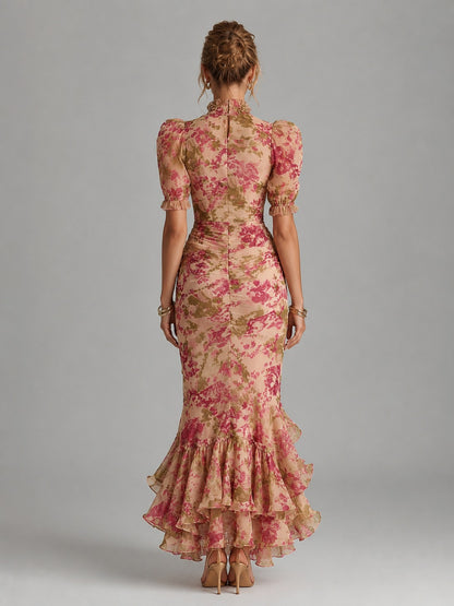 Floral High Neck Puff Sleeve Maxi
