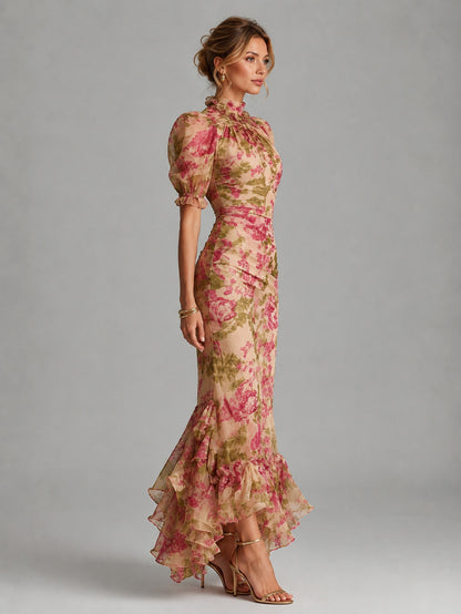 Floral High Neck Puff Sleeve Maxi