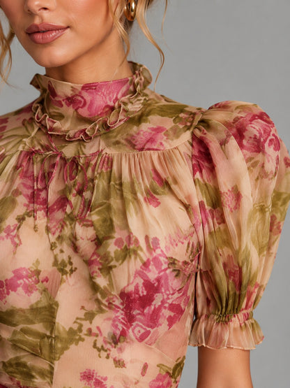 Floral High Neck Puff Sleeve Maxi