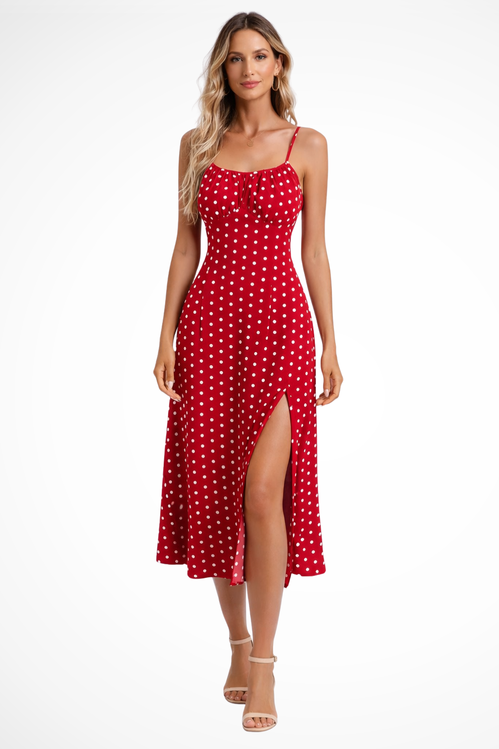 Red Dot - A woman wearing a black midi-length slip dress with a delicate red and white floral print, featuring thin spaghetti straps, a ruched bust, and a high front slit.