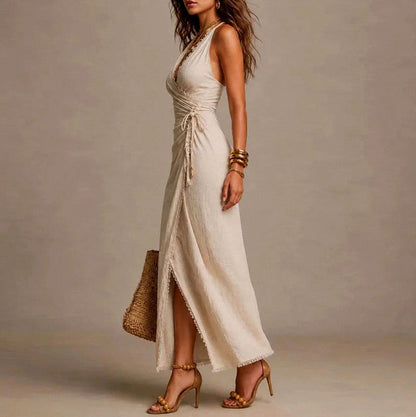 Frayed Trim Wrap Midi Dress