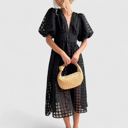 Grid Organza V-Neck Midi Dress