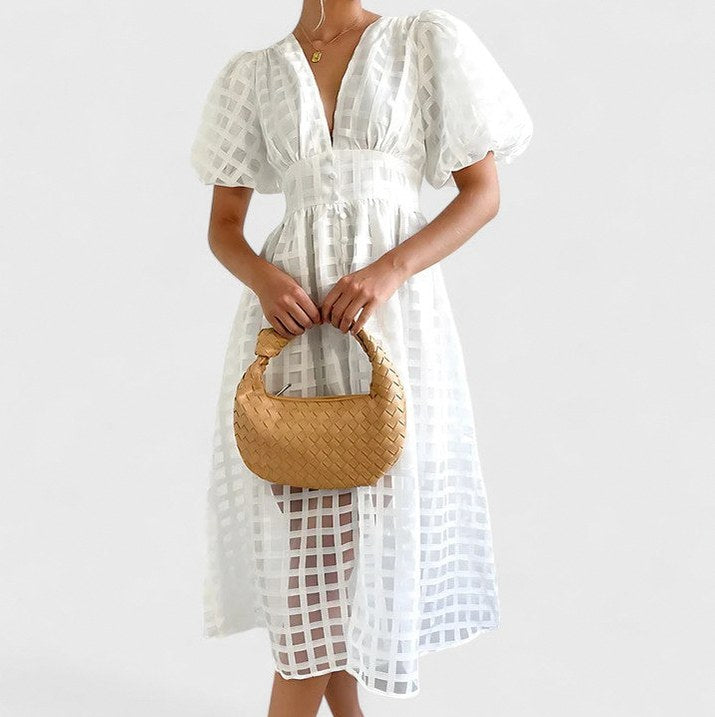 Grid Organza V-Neck Midi Dress
