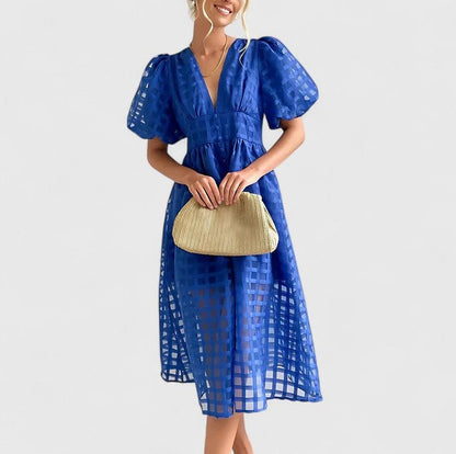 Grid Organza V-Neck Midi Dress