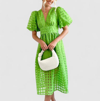 Grid Organza V-Neck Midi Dress