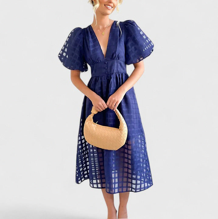 Grid Organza V-Neck Midi Dress