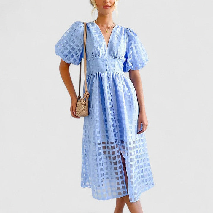 Grid Organza V-Neck Midi Dress
