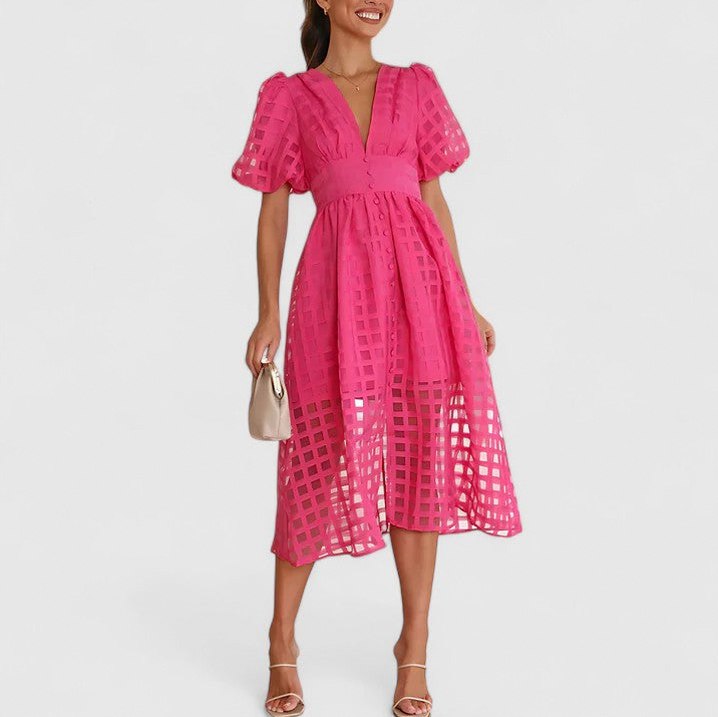 Grid Organza V-Neck Midi Dress