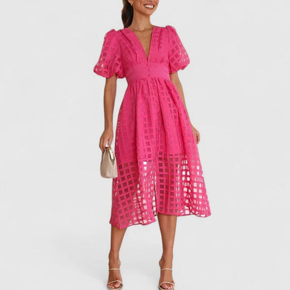 Grid Organza V-Neck Midi Dress