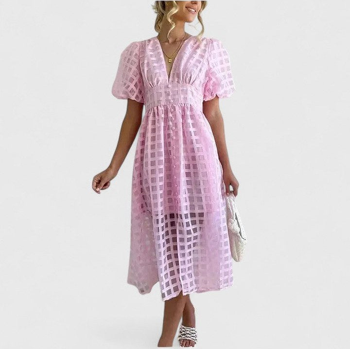 Grid Organza V-Neck Midi Dress
