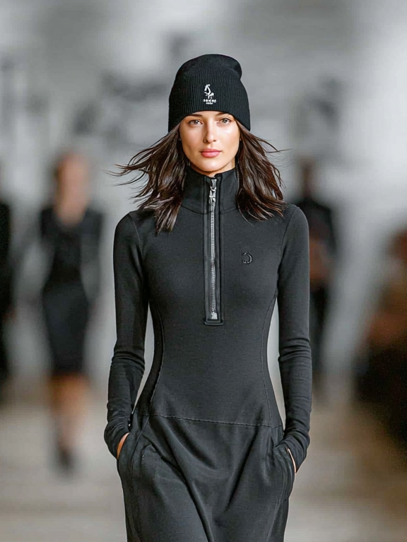 Black - A model walks a runway wearing a black, long-sleeved, high-neck maxi dress with a half-zip front, fitted bodice, dropped waist, and relaxed skirt with side pockets.