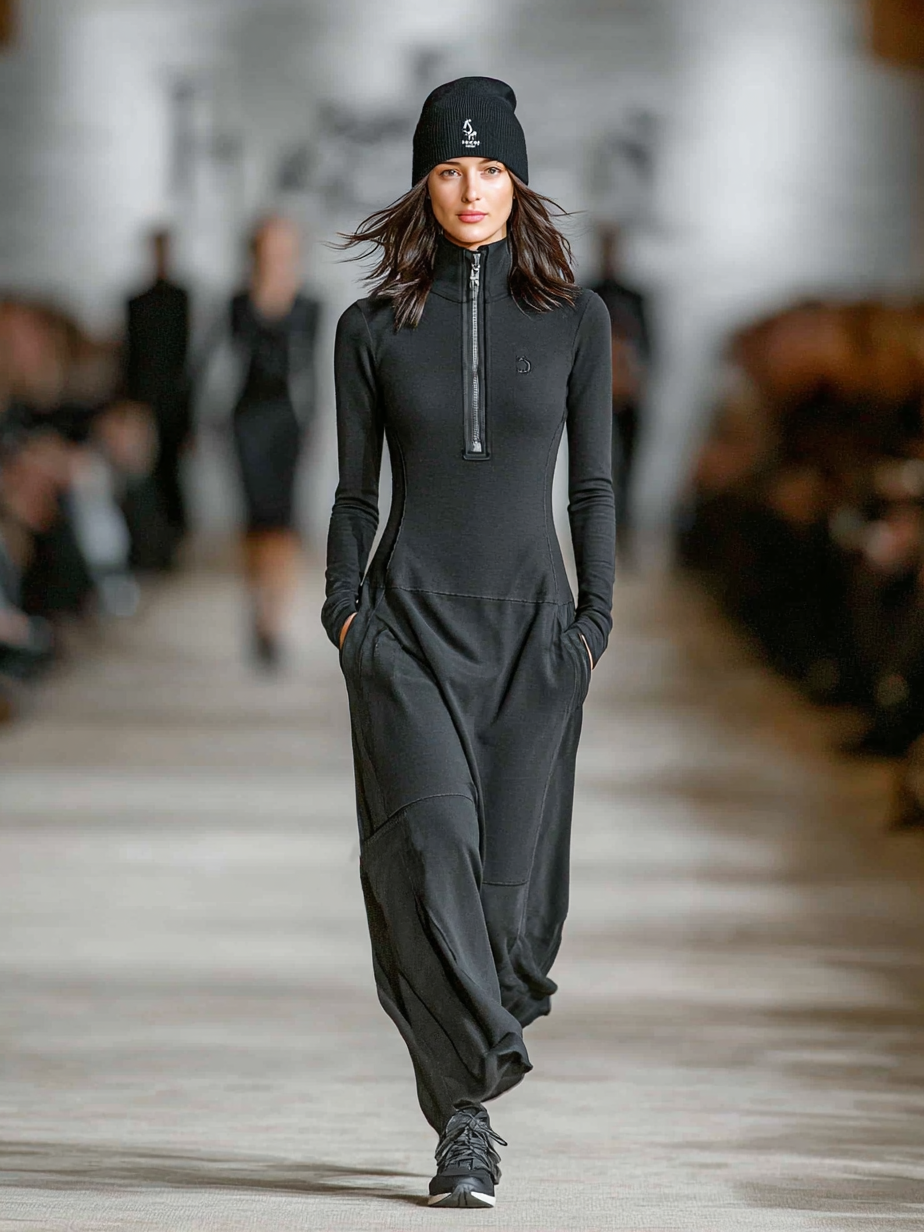 Black - A model walks a runway wearing a black, long-sleeved, high-neck maxi dress with a half-zip front, fitted bodice, dropped waist, and relaxed skirt with side pockets.