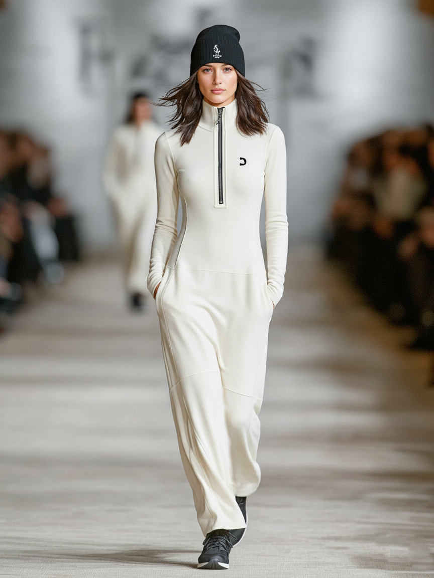 Ivory White - A model walks a runway wearing a black, long-sleeved, high-neck maxi dress with a half-zip front, fitted bodice, dropped waist, and relaxed skirt with side pockets.