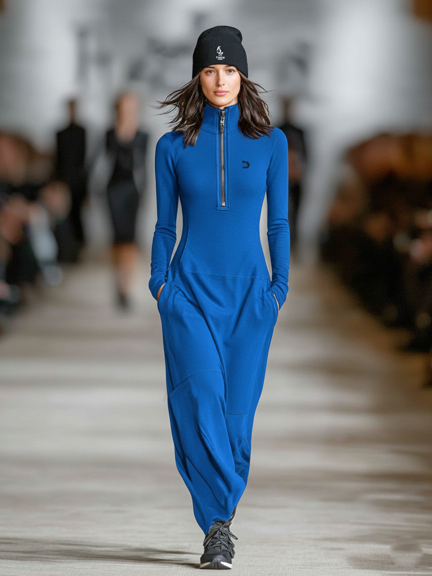 Royal Blue - A model walks a runway wearing a black, long-sleeved, high-neck maxi dress with a half-zip front, fitted bodice, dropped waist, and relaxed skirt with side pockets.