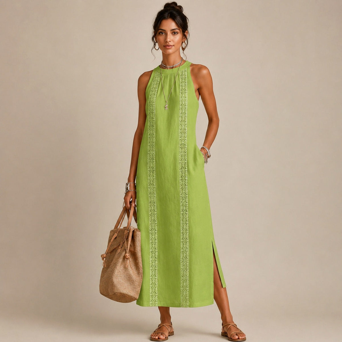 Halter Lace Trim Midi Sundress