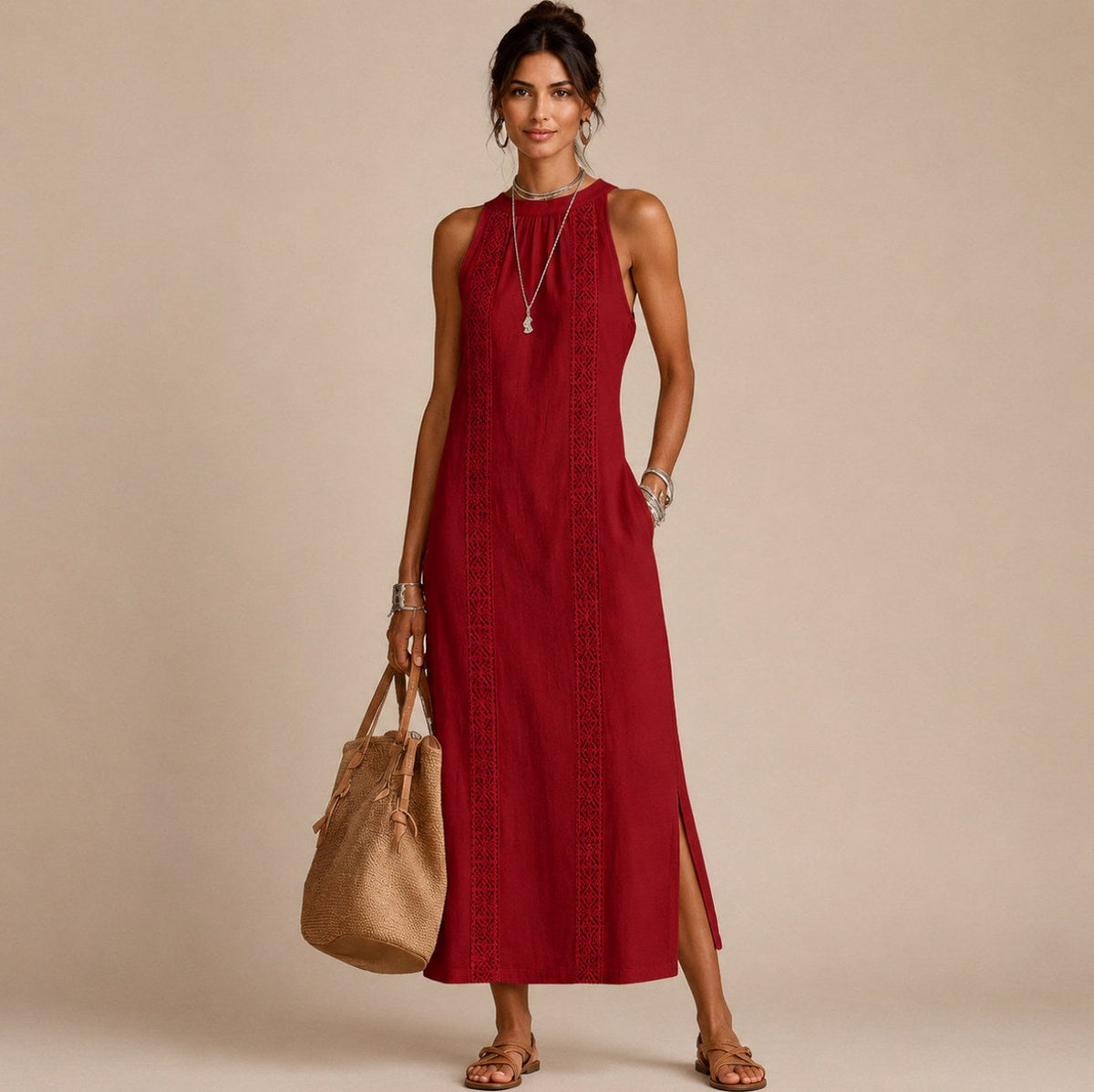 Halter Lace Trim Midi Sundress