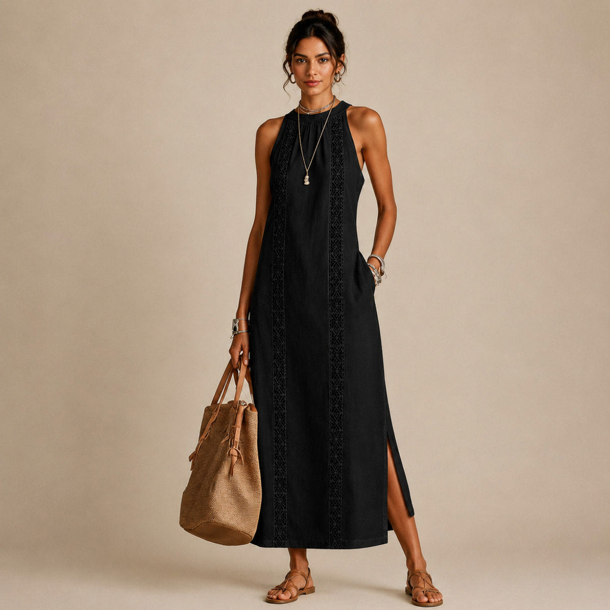 Halter Lace Trim Midi Sundress