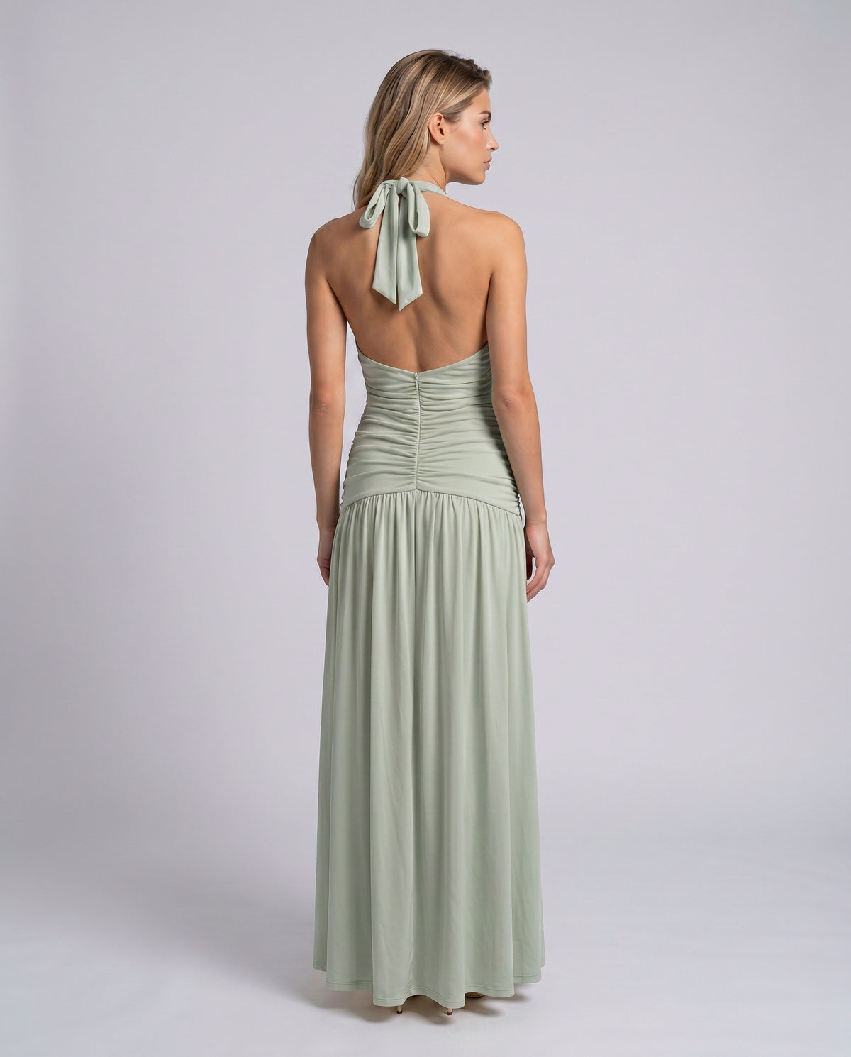 Halter Ruched Chiffon Maxi Dress