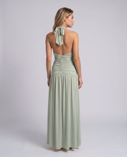 Halter Ruched Chiffon Maxi Dress