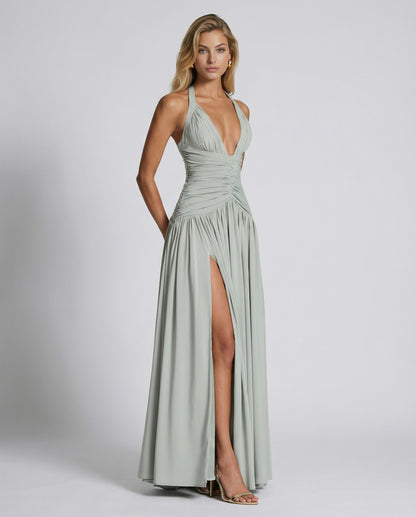 Halter Ruched Chiffon Maxi Dress