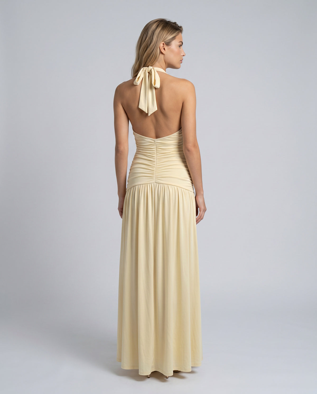 Halter Ruched Chiffon Maxi Dress