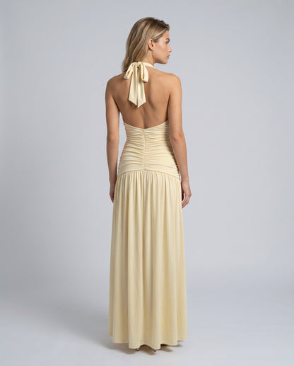 Halter Ruched Chiffon Maxi Dress