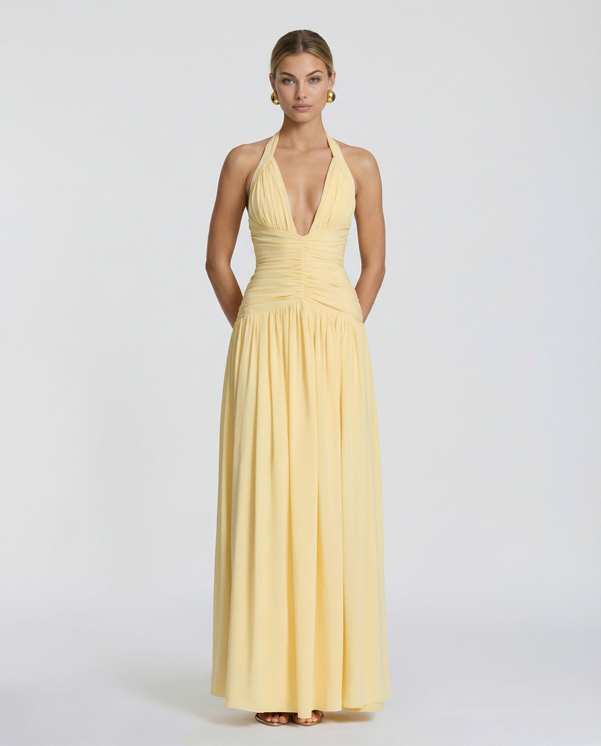 Halter Ruched Chiffon Maxi Dress