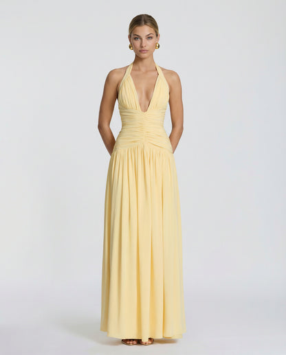 Halter Ruched Chiffon Maxi Dress