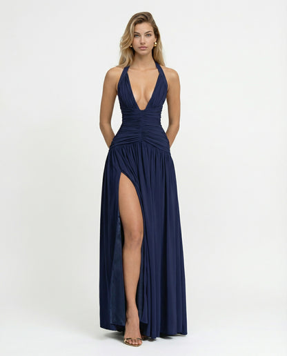 Halter Ruched Chiffon Maxi Dress
