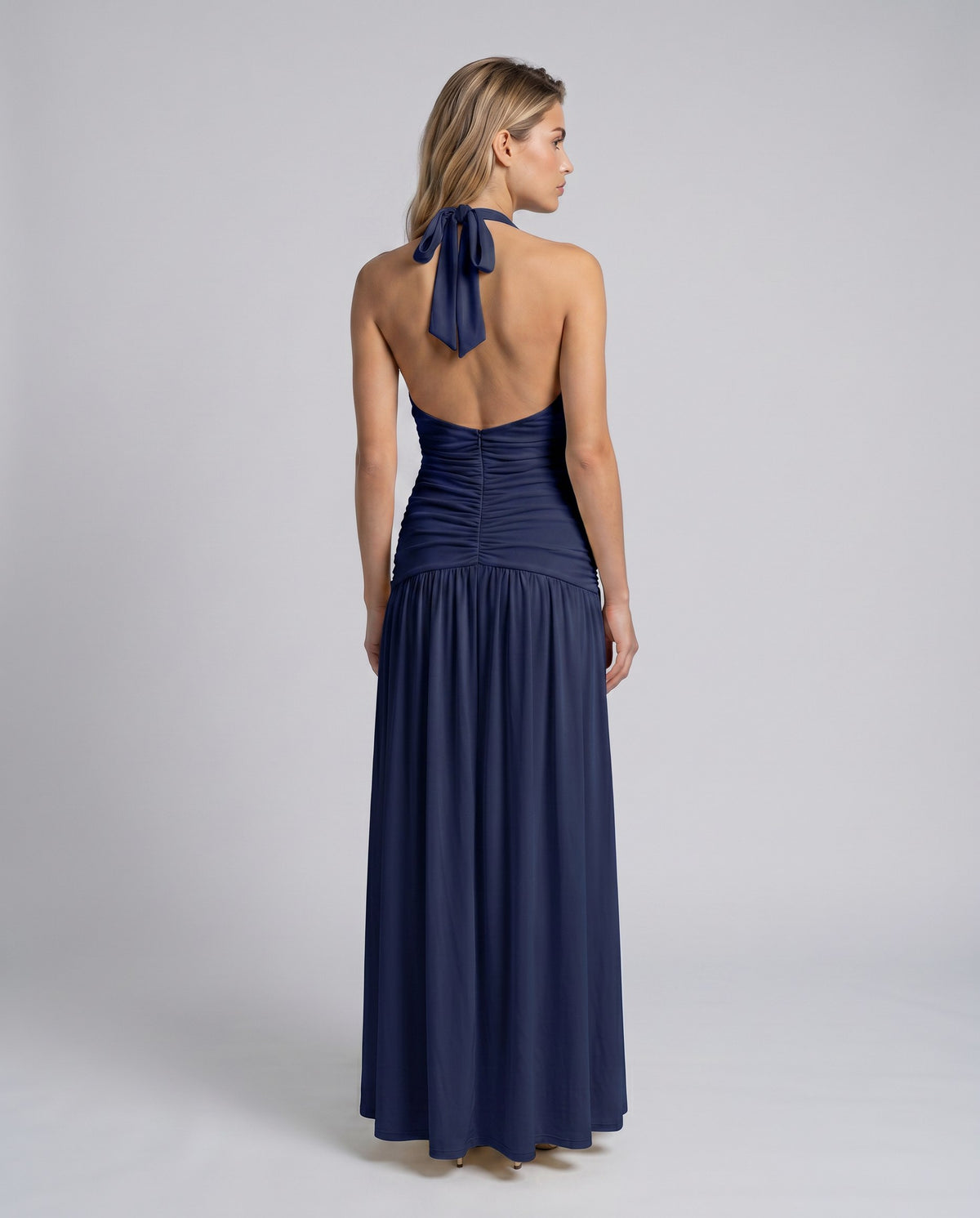 Halter Ruched Chiffon Maxi Dress