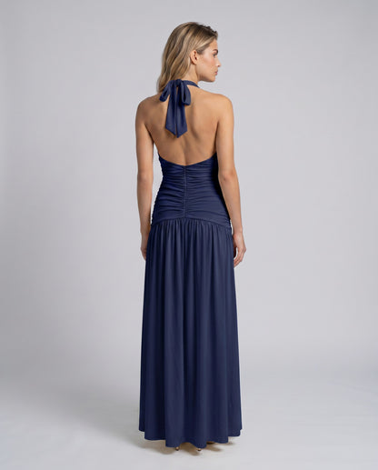 Halter Ruched Chiffon Maxi Dress