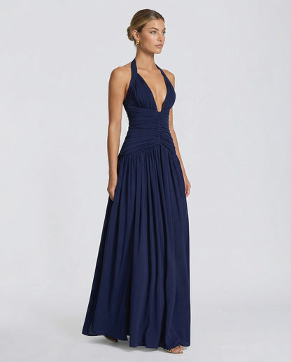 Halter Ruched Chiffon Maxi Dress