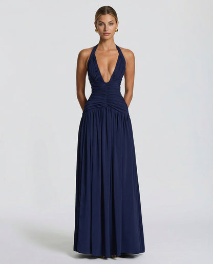 Halter Ruched Chiffon Maxi Dress