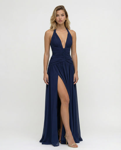 Halter Ruched Chiffon Maxi Dress