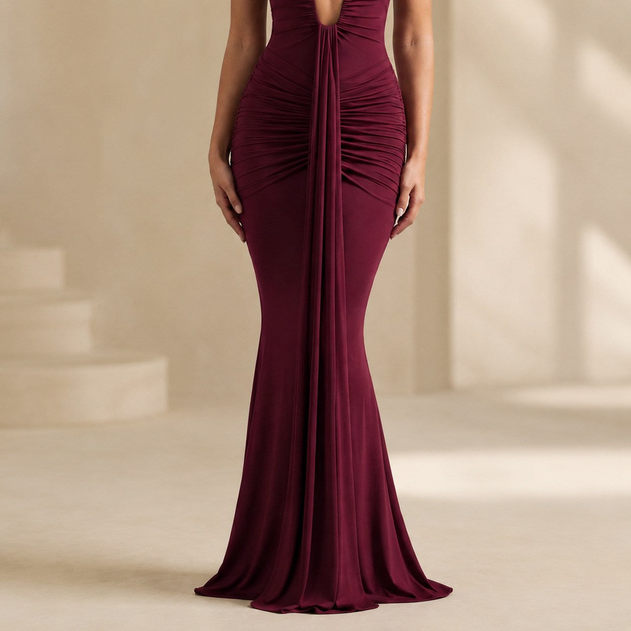 Halter Ruched Plunge Gown