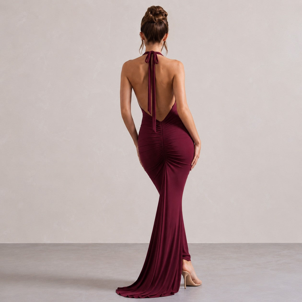 Halter Ruched Plunge Gown