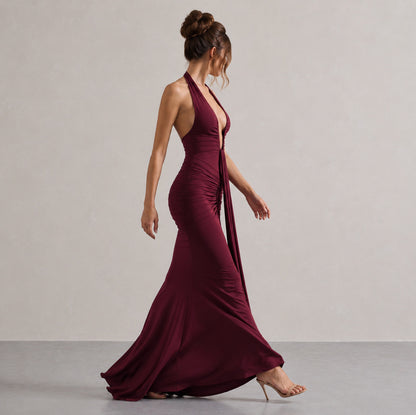 Halter Ruched Plunge Gown