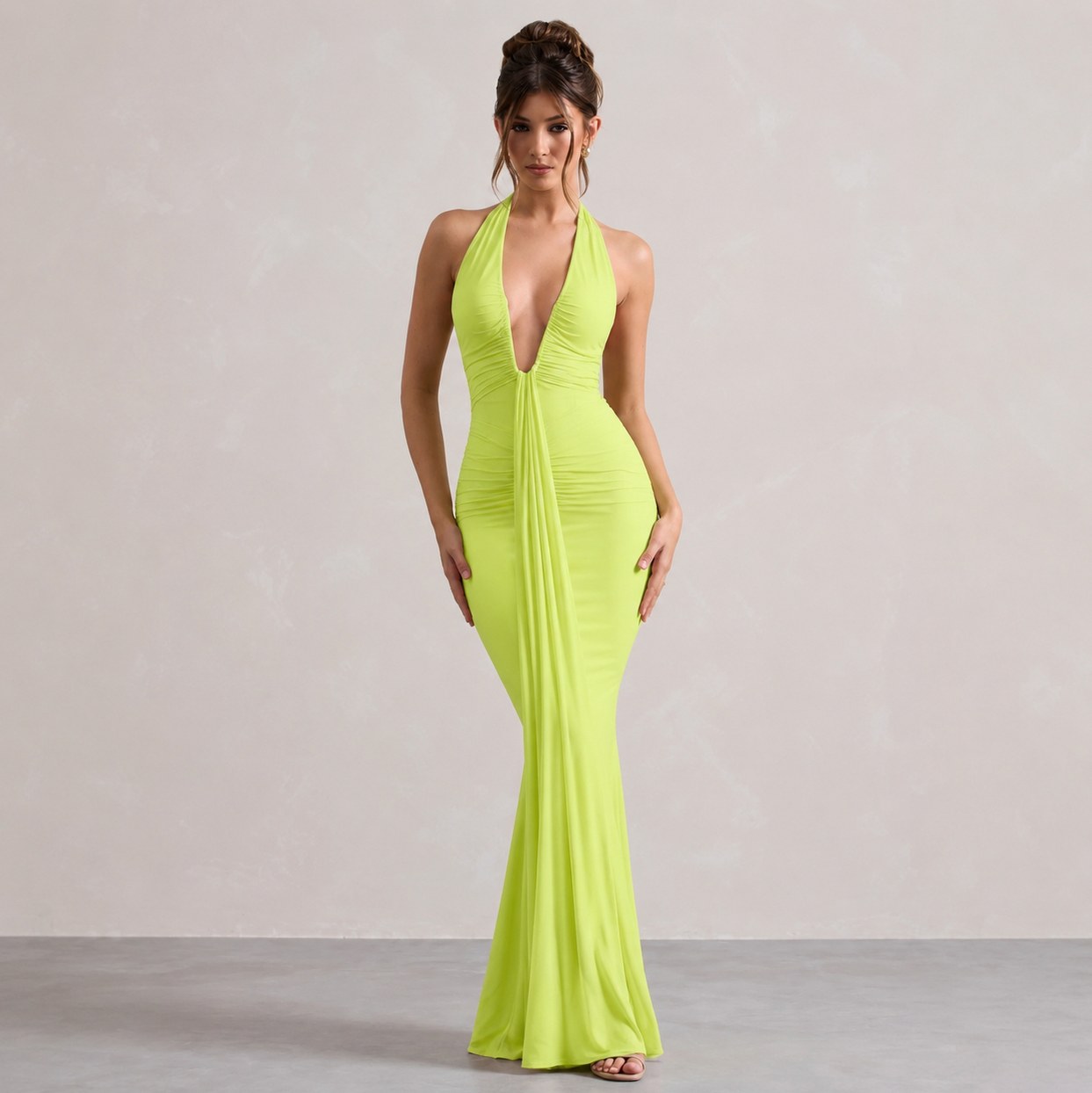 Halter Ruched Plunge Gown