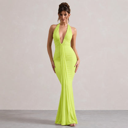 Halter Ruched Plunge Gown